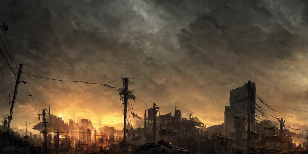 Image similar to a post apocalyptic dramatic lighting cinematic establishing shot extremely high detail photorealistic cinematic lighting artstation style