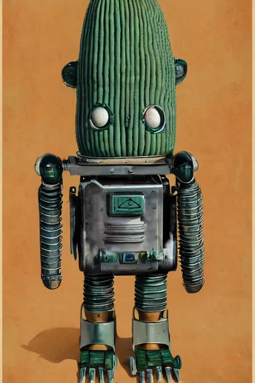 Prompt: extreme wide shot of a 1950s retro Cactus robot, with space above the head. Full Body. Bionic Arms and eyes. pop surrealism, muted colours. by Jean-Baptiste Monge, wide shot