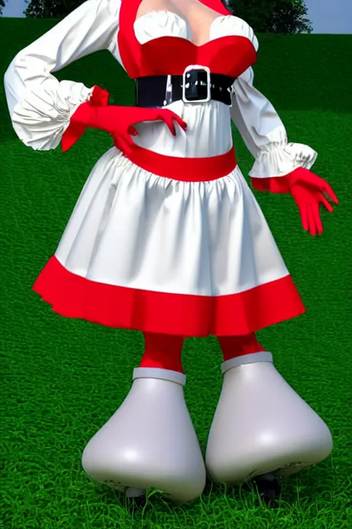 Prompt: a Marvelous Designer render of a 1999 Dutch milkmaid costume with a cowbell choker, exposed midriff and prosthetic udders. Drag queen, campy. Cow Costume with Udders, comical. Cloven Hoof High-Heeled Boots. Puff sleeves, ruched bodice. Choker necklace with a large cow bell on it.