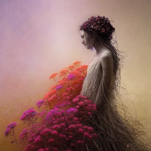 Prompt: A portrait of A beautiful!!!!! angel in a dress made of flowers by Greg Rutkowski and ((Yoshitaka Amano)) and Zdzisław Beksiński,In style of digital illustration art,Rembrandt lighting,Ray tracing,hyper detailed,sharp focus,Soft light.4k,trending on artstation,oil on canvas