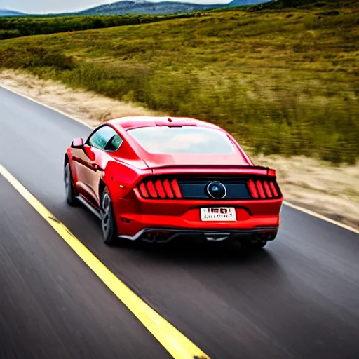 Prompt: red ford mustang driving on the highway