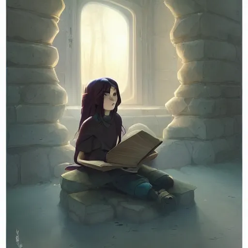 Prompt: a pixar girl reading a book, long hair flowing down, symmetrical, style of by Jordan Grimmer and greg rutkowski, crisp lines and color,