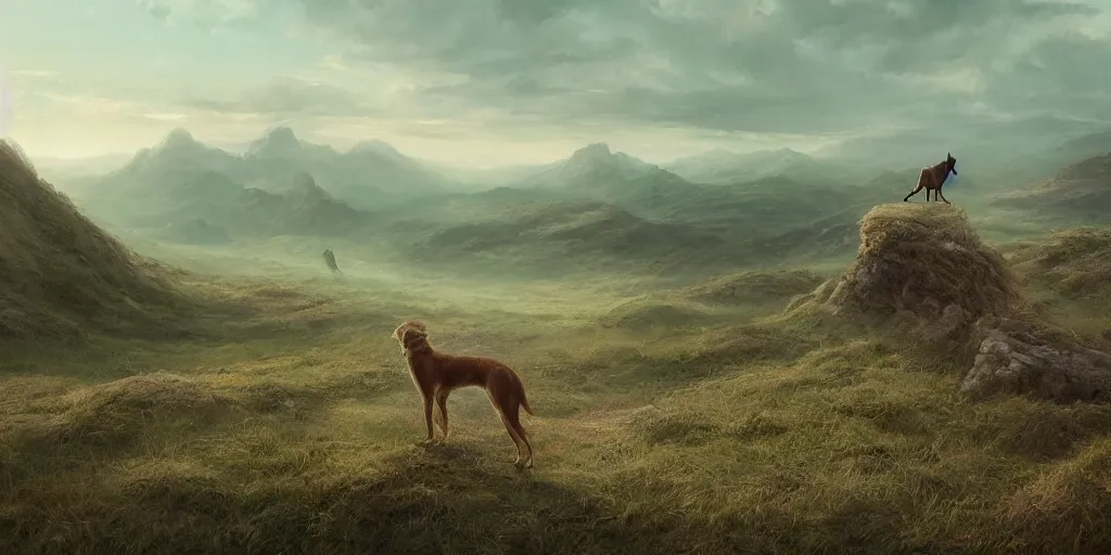 Prompt: breathtaking detailed concept art painting of a lone dog on the top of a hill. in the distance there is a small town, by hsiao - ron cheng, extremely moody lighting, 8 k