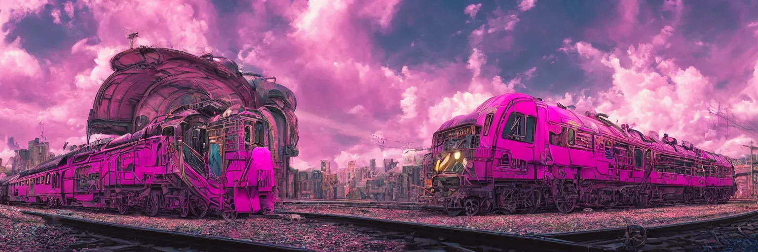 Prompt: pink, close - up train, space, dog, run, pirate neon ship with punks on board, mohawks, neon, oil painting, rich deep colors masterpiece, ultra detailed, contrast, heaven pink, lots of roman arches, clouds, sky, volumetric light, atmospheric lighting, dramatic, cinematic, moody, octane render 4 k, 8 k