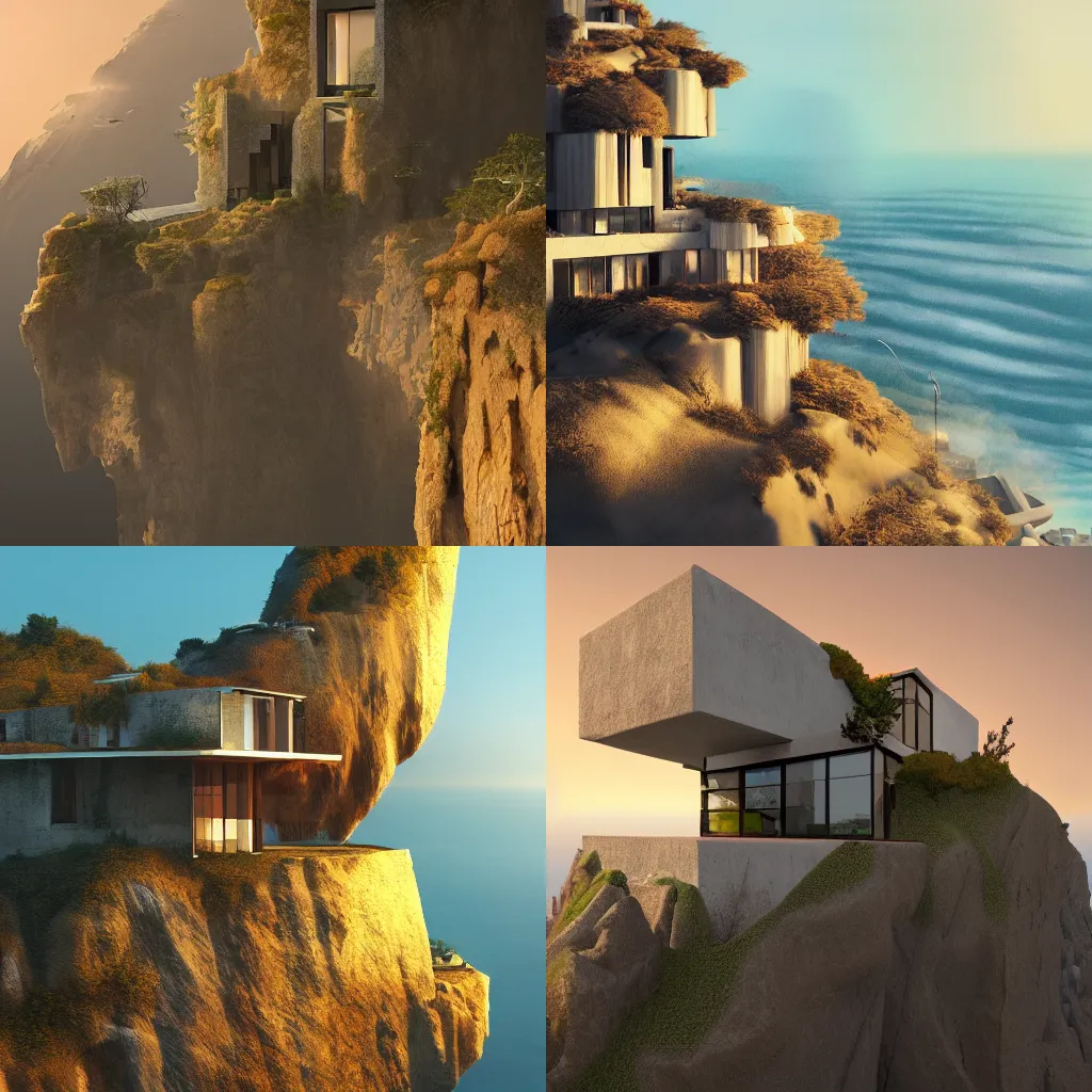 Prompt: modern house on a cliff, golden hour, architecture, concept art, matte painting, artstation