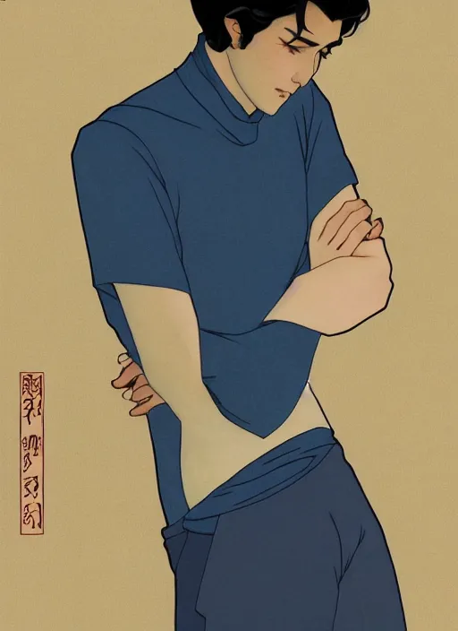 Prompt: handsome young man with short black hair, male, dressed in blue, half body shot, arms folded, path traced, highly detailed, high quality, digital painting, by studio ghibli and alphonse mucha, leesha hannigan, hidari, art nouveau, chiho aoshima, posuka demizu, atey ghailan, artgerm, ayami kojima