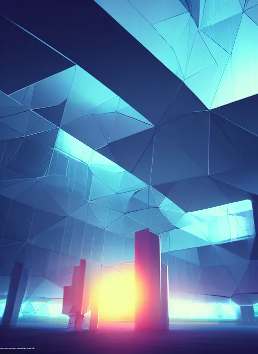 Image similar to abstract data center server, business technology blurred polygonal geometric space, hi tech digital interior, cinematic view, epic sky, detailed, concept art, low angle, high detail, warm lighting, volumetric, godrays, vivid, beautiful, trending on artstation, by jordan grimmer, huge scene, art greg rutkowski