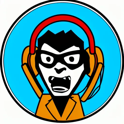 Image similar to svg vector sticker of absolutely insane-mad-scientist-villain, rocking out, wearing headphones, huge speakers, dancing, rave, DJ, spinning records, digital art, amazing composition, rule-of-thirds, award-winning, trending on artstation, featured on deviantart