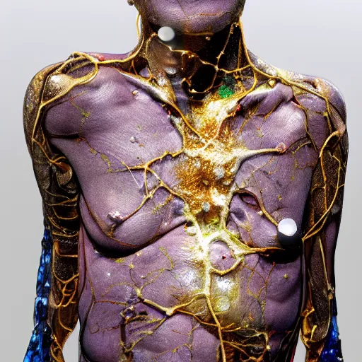 Image similar to neural system female torso with cracked skin with raw gems inlaid her skin, anatomic description, gems, gold, 8k, details, studio lighting, realism, complex lights