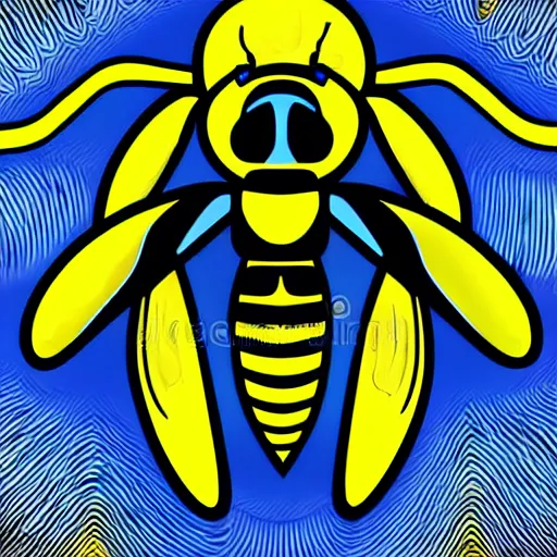 Image similar to man that resembles a wasp morh in surreal sketch style, blue and yellow gradient, noise, ultrafine detail, hd 8k, logo illustration