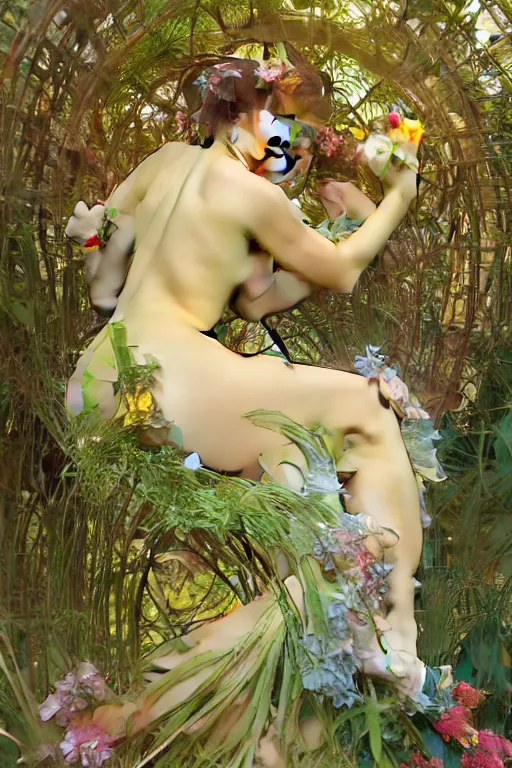 Prompt: Curvaceous fairy goddess sitting on a vivid flower in a lush green forest, Mark Arian and Alphonse Mucha, highly detailed, intricate, dynamic lighting, octane render, 8k