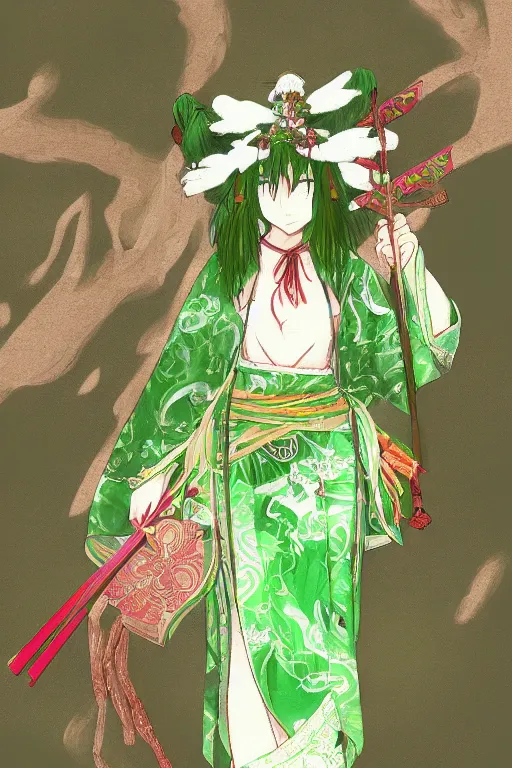 Prompt: a japanese druid woman, green colors, miko clothes, DnD, character concept art, digital art