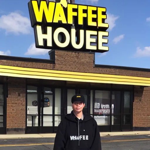 Prompt: wafflehouse employee's standing below wafflehouse sign, employees uniform is black and blue with yellow name tags-n 9