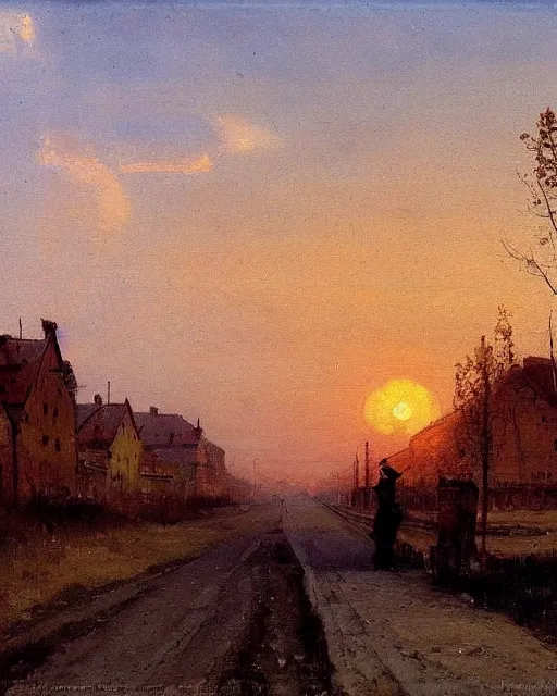 Prompt: autumn city landscape, faint sunrise, main road, matte painting, by Isaac Levitan and Vasily Perov