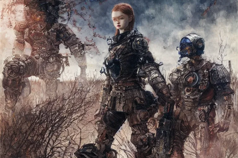 Prompt: sadie sink runs fast. cyborg behind. dirt, fantasy, soviet dystopian art by ayami kojima, vasnetsov, cedric peyravernay