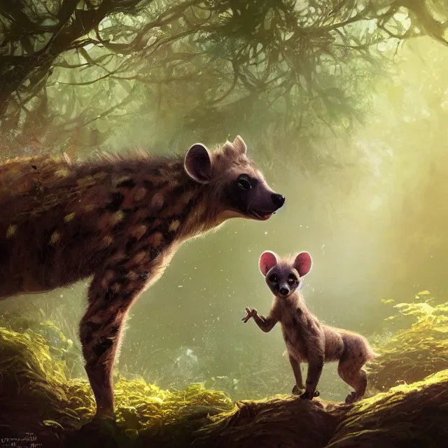 Image similar to a beautiful painting of a cute brown baby hyena in a forest. disney character design by cory loftis, fenghua zhong, ryohei hase, ismail inceoglu and ruan jia. artstation, volumetric light, detailed, photorealistic, rendered in octane