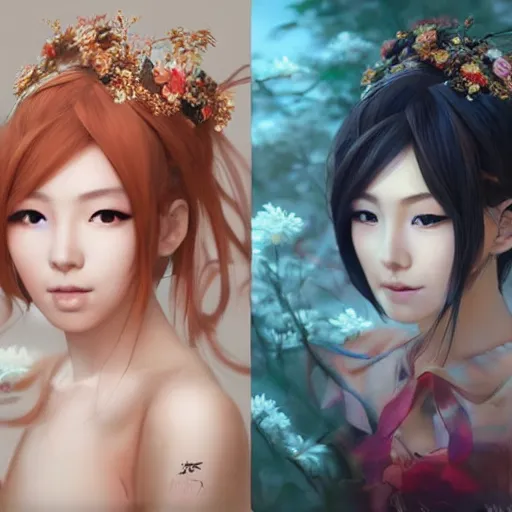 Image similar to A masterpiece portrait of a Incredibly beautiful Asian girl model in anime cosplay. Vogue. trending on artstation, digital art, by Stanley Artgerm Lau, WLOP, Rossdraws, James Jean, Andrei Riabovitchev, Marc Simonetti, Yoshitaka Amano