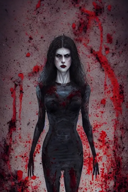 Prompt: pale woman!, covered with blood, alexandra daddario face!!, black dress made of black bones, long red hair, blue eyes, ultra realistic, concept art, intricate details, highly detailed, photorealistic, octane render, 8 k, unreal engine. retro film still, heavy grain, 3 5 mm, art by artgerm and greg rutkowski and alphonse mucha