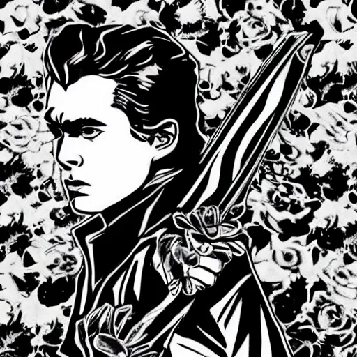 Prompt: black and white pen and ink!!!! Twin Peaks Black Lodge goetic vampire James Dean golden!!!! Vagabond!!!! floating magic swordsman!!!! glides through a beautiful!!!!!!! floral!! battlefield dramatic esoteric!!!!!! pen and ink!!!!! illustrated in high detail!!!!!!!! by Moebius and Hiroya Oku!!!!!!!!! graphic novel published on 2049 award winning!!!! full body portrait!!!!! action exposition manga panel black and white Shonen Jump issue by David Lynch eraserhead and beautiful line art Hirohiko Araki!!