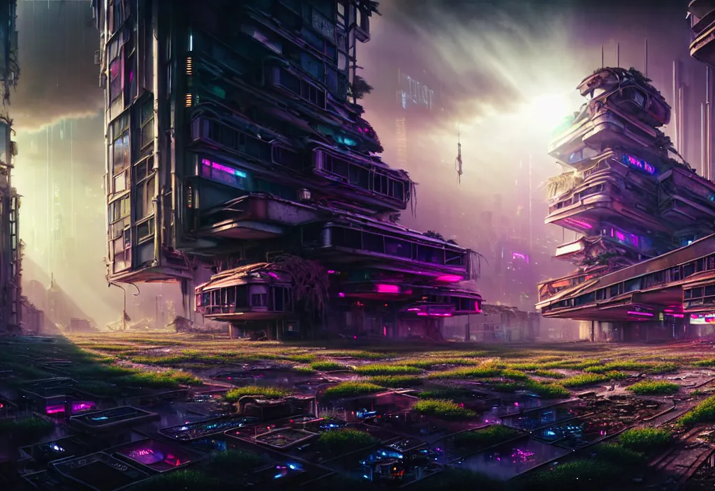 Prompt: A highly detailed crisp unreal engine render of wide view photo of A beautiful futuristic cyberpunk abandoned dystopia city building with futuristic bright lights, plants allover , godray, sunlight breaking through clouds, clouds, debris on the ground, abandoned machines bright happy colors, chaotic , nitid horizon, factory by wangchen-cg, 王琛,Neil blevins, artstation, Gediminas Pranckevicius