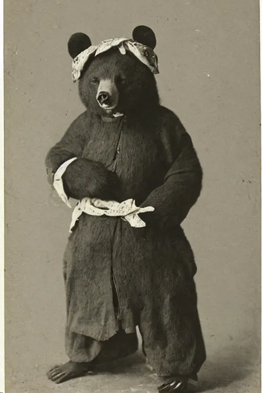 Image similar to anthropomorphic asian black bear in traditional Japanese mens clothing, 1900s photo