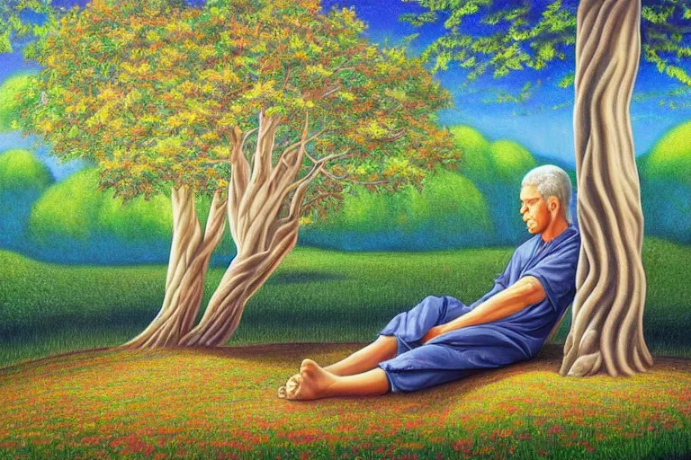 Image similar to painting of a peaceful man relaxing under a tree by alex grey, acrylic art, calm, soothing, cosy, elegant, soft light,