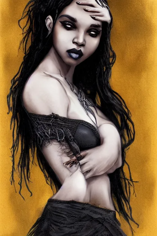 Image similar to a beautiful African American woman with long black hair, yellow eyes, gothic, intricate, elegant, dramatic lighting, gorgeous face, white tank top, highly detailed, lifelike, photorealistic, digital painting, artstation, illustration, concept art, smooth, sharp focus, art by John Collier and Albert Aublet and Krenz Cushart and Artem Demura and Alphonse Mucha