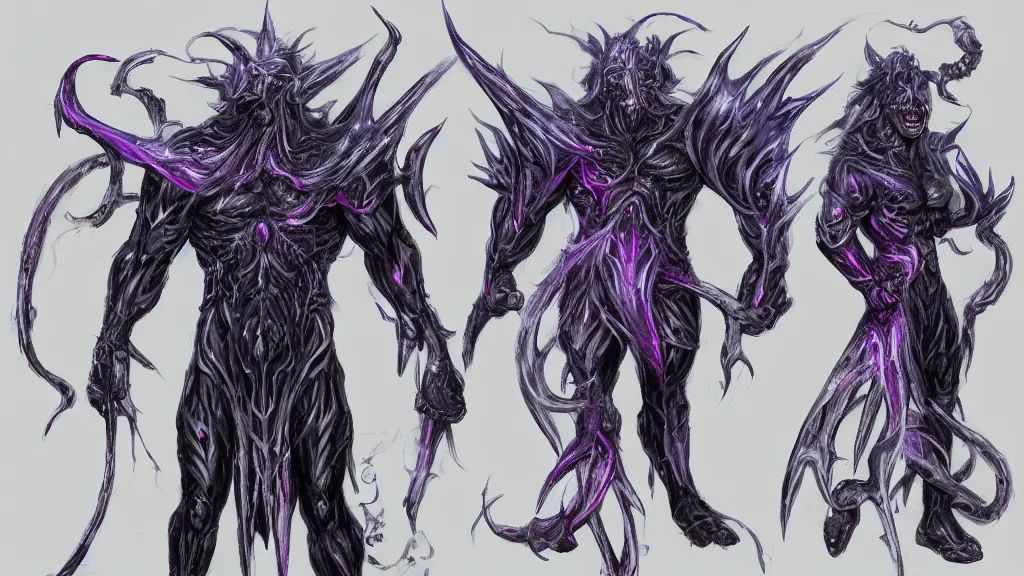 Image similar to a fantasy muscular Bright cosmic void ghost demon with two heads and a long tail character design sheet, trending on artstation