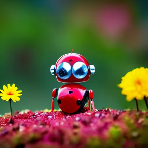 Prompt: a cute tiny robot holds a big flower up in the rain, a ladybug is beside the robot, award winning macro photography, kodachrome, dramatic lighting