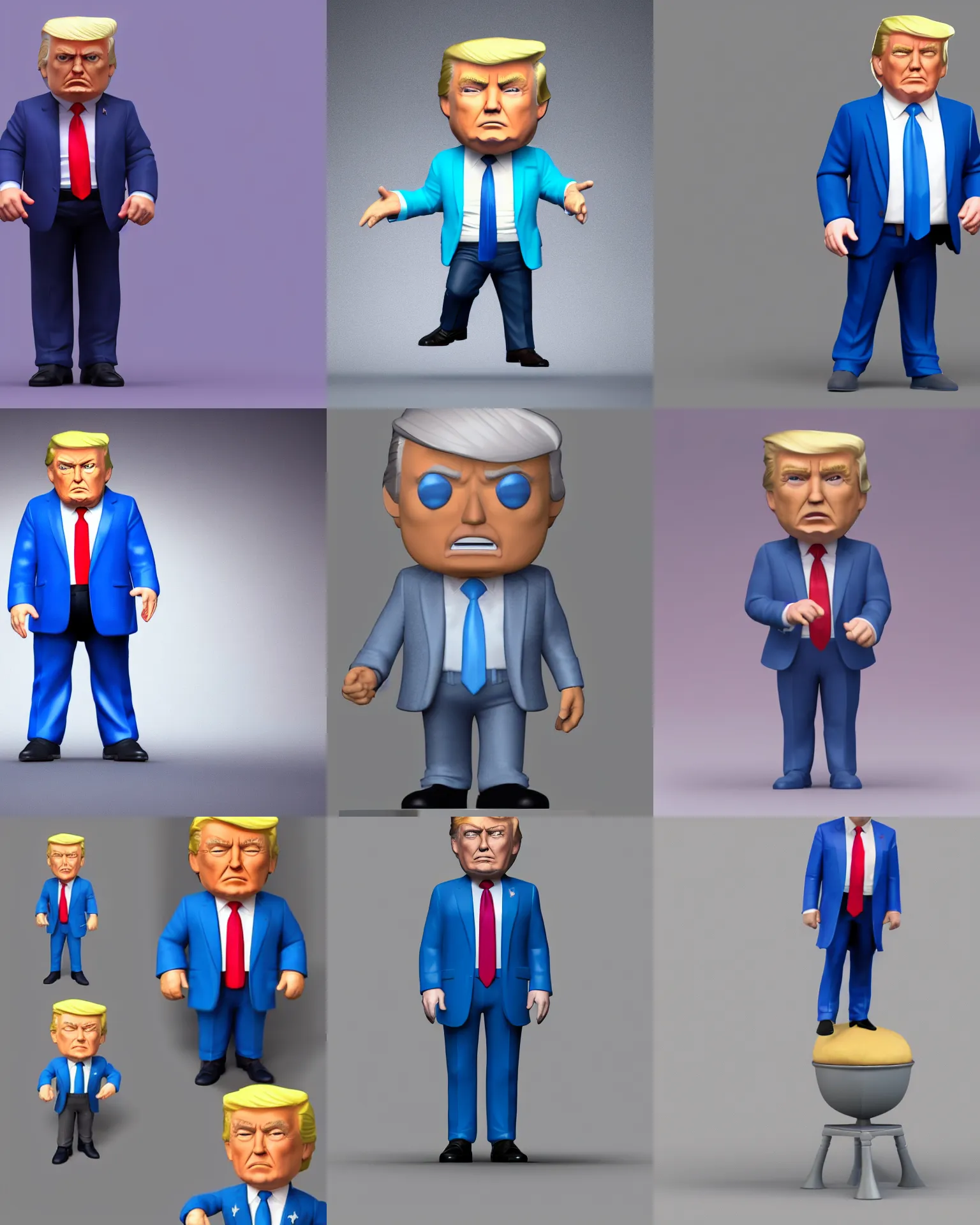 Prompt: full body 3d render of donald trump as a funko pop!, studio lighting, grey background, blue suit, single person, no shadow, blender, trending on artstation, 8k, highly detailed