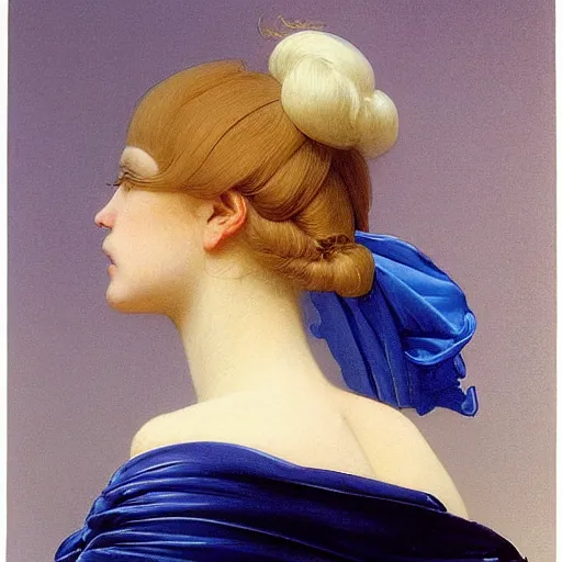 Image similar to young woman's face, her hair is white and she wears a cobalt blue duchesse satin cloak, by syd mead and moebius and roger dean and gaston bussiere and ivan aivazovsky and willem claesz and pieter claesz and paul delaroche and alma tadema and aelbert cuyp, hyperrealistic, volumetric light, octane