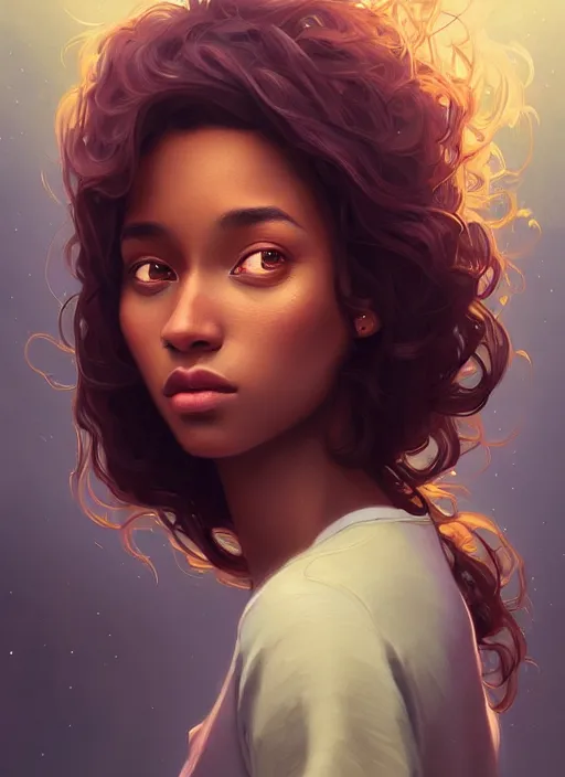 Image similar to handsome young black women with shoulder length brown hair, half body shot, path traced, highly detailed, high quality, digital painting, alena aenami, lilia alvarado, shinji aramaki, karol bak, alphonse mucha, tom bagshaw