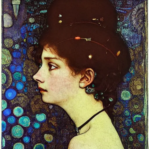 Image similar to portrait of a beautiful young lady with silver eyes, colored daguerreotype, woodcut, poster art, by klimt, by schiele, by mucha, by Mackintosh