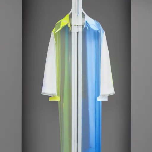 Prompt: an ultra high definition professional studio quality photograph of a transparent iridescent perspex pastel coloured raincoat with neon yellow guide ropes on a coat hook in an empty white room. dramatic lighting, ray tracing, refraction, shallow d. o. f, colour corrected, golden ratio, three point light. volumetric shadows. light rays.
