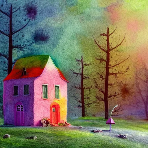 Prompt: small wooden house in the middle of spring forest, bright colours, watercolor, volumetric wool felting, macro photography, children illustration, by simon stalenhag