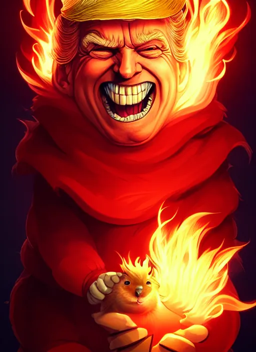 Image similar to donald trump bald and smiling, style artgerm, joshua middleton, illustration, anthropomorphic hamster steampunk half - cyborg, red fur, swirling fire flames cosmos, fantasy, dnd, cinematic lighting