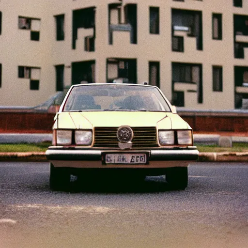 Image similar to low angle shot of russian car in soviet yard with block of flats, cinestill 800t , 80mm ,polaroid, masterpiece, f 1.6, bokeh, mid day in style of william egglestone