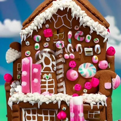 Image similar to Village made of candy with gingerbread people and with pink cotton candy clouds in the sky realistic