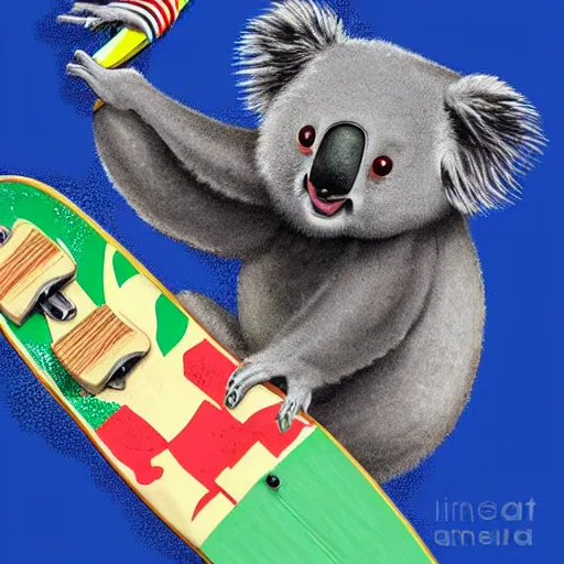 Image similar to koala driving a skateboard on miami beach, digital art