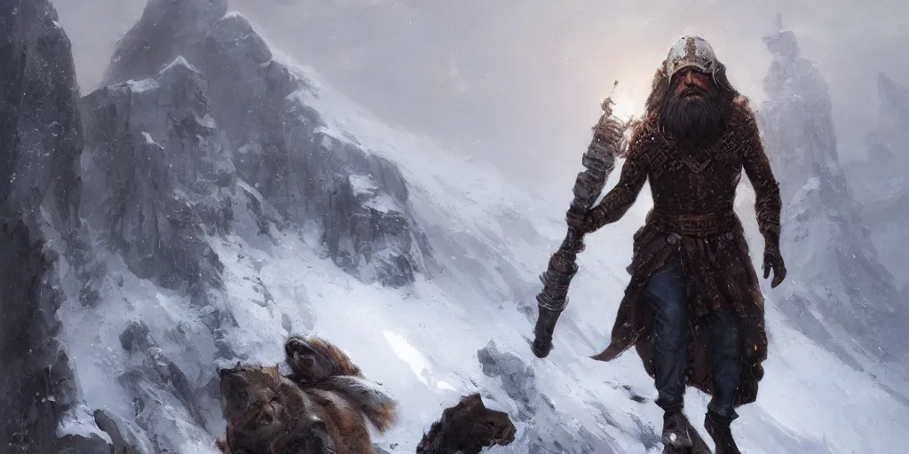 Prompt: famous persian super hero with long beard having a mace in hand on a snowy peak wearing a cheetah skin coat and a steel helmet, art by greg rutkowski, dark fantasy art, high detail, trending on artstation, insane details, dramatic lighting,