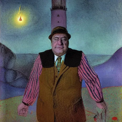 Prompt: Portrait John Goodman wearing a polka-dot vest whilst brandishing a lightning orb standing atop a wizard tower andrew wyeth niel welliver peter doig greg rutkowski paul klee jamie wyeth victo ngai