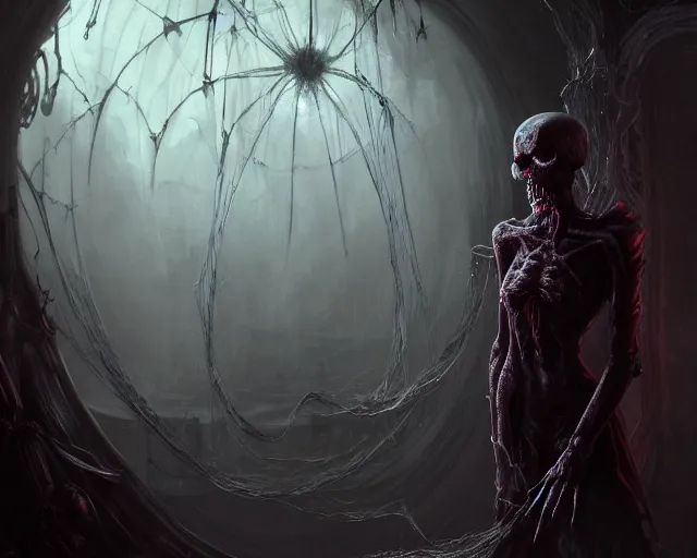 Image similar to a 4 k cinematic screenshot still portrait of a ghoul in a dark liminal space room surrounded by spider webs, deep focus, d & d, fantasy, intricate, elegant, highly detailed, digital painting, art station, concept art, matte, sharp focus, illustration, dark fantasy style art, hearthstone, art by artgerm and greg rutkowski and alphonse mucha