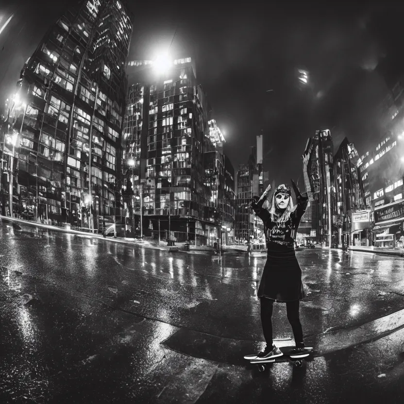 Image similar to punk girl skateboarding in the city, backlit cyberpunk buildings, wet roads at night reflecting the lights from buildings, dust, fog, cloudy night sky, dslr, 4 k, fisheye