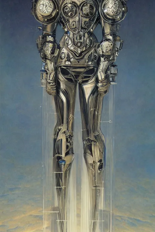 Image similar to full body portrait of beautiful gothic and futuristic fashion model, intriguing space armour, cyber armour, highly detailed, artstation, illustration, composition, 8 k quality, art by jean delville, rene magritte, hyperrealism oil painting