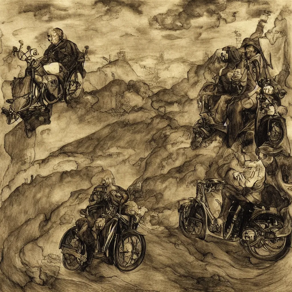 Prompt: a city in the clouds, one raised road leaving the city curving towards viewer with one motorcycle with headlight on man riding motorcycle wearing leather jacket and black helmet, by hieronymus bosch and alphonse mucha