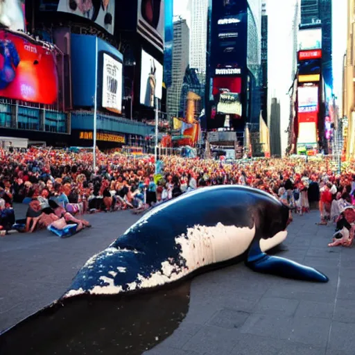 Prompt: a photo of a beached whale, surrounded by a crowd, in times square