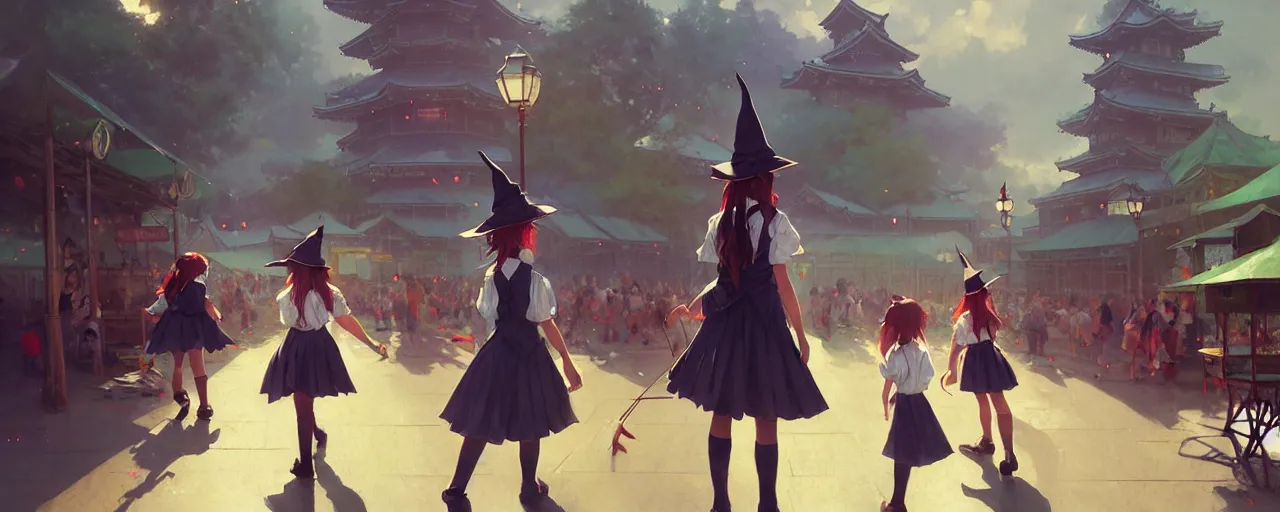 Image similar to young student witch wearing magic school uniform patrolling around small town carnival amusement, food stalls, big top circus tent, highly detailed, magical, japan, digital painting, concept art, matte, art by ruan jia and wlop and greg rutkowski and makoto shinkai, masterpiece