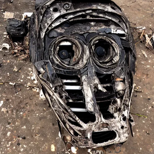 Prompt: the charred husk of a dead robot