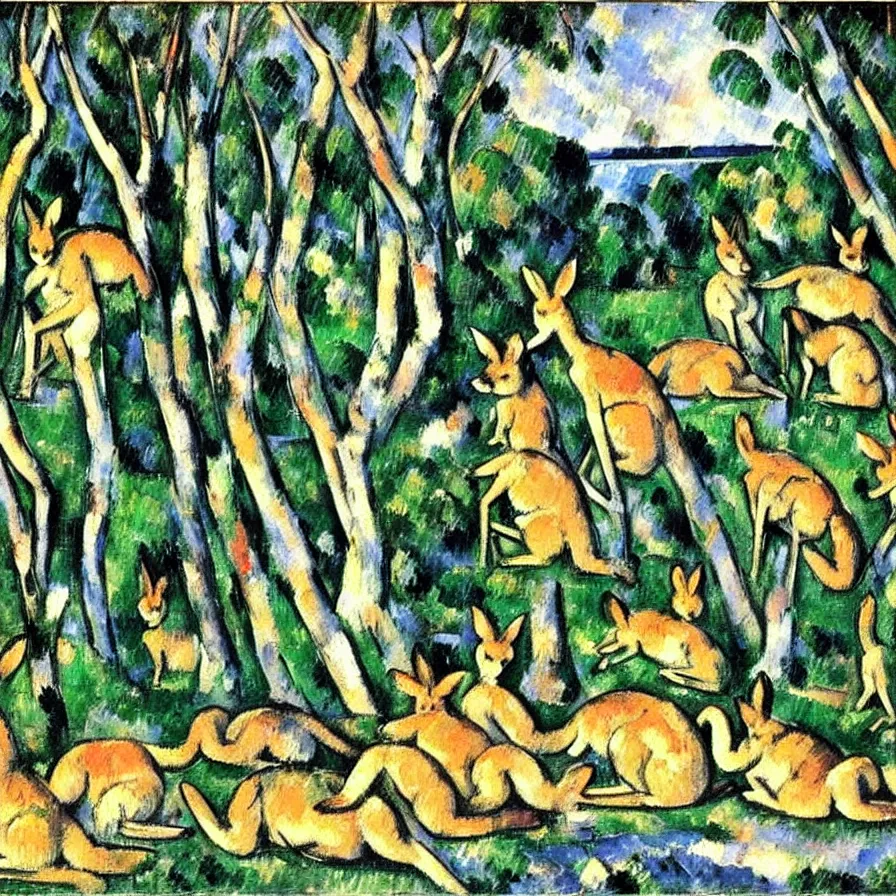 Prompt: five kangaroos bathing in a lake. an oil painting by paul cezanne