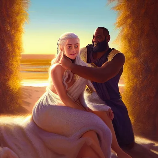 Prompt: beautiful serene intricate portrait of daenerys targaryen and lebron james taking a selfie, smiling softly, relaxing on the beach, golden hour, soft focus, 8 k, art by irakli nadar, hyperrealism, hyperdetailed, ultra realistic